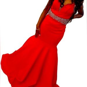 Red homecoming gown with embellishments